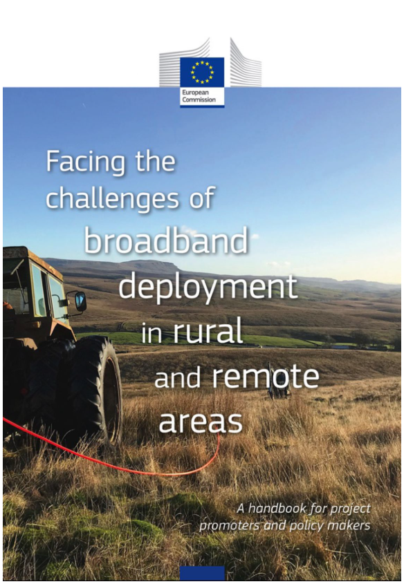 Das Bild zeigt das Cover des BCO-Praxis-Handbuchs der Europäischen Kommission und trägt des englischen Titel "Facing challenges of broadband deployment in rural and remote areas. A handbook for project promoters and policy makers".