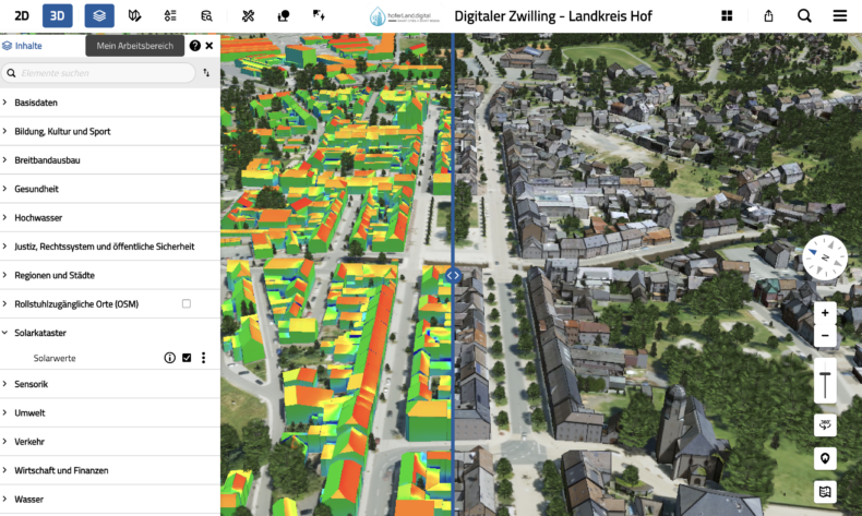 Ein Screenshot des Digitalen Zwillings mit Solarpotentialkataster.