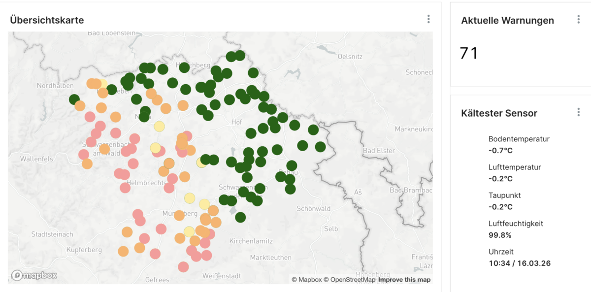 Ein Kartenausschnitt aus der Taupunktsensorik, die den kommunalen Bauhöfen anzeigt, wo es Glättegefahr gibt.
