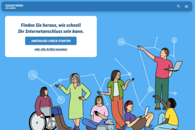 Das Bild zeigt die Startseite von der Website "Schnell ins Netz". Es sind mehrere Menschen zu sehen, die ein gemaltes Netz halten. Außerdem sieht man das Einstiegsmenü der Website.
