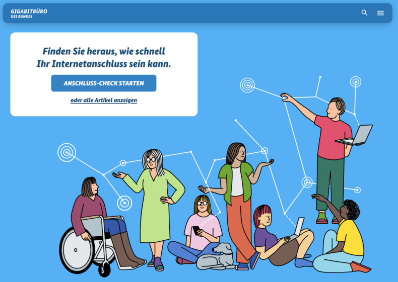 Das Bild zeigt die Startseite von der Website "Schnell ins Netz". Es sind mehrere Menschen zu sehen, die ein gemaltes Netz halten. Außerdem sieht man das Einstiegsmenü der Website.