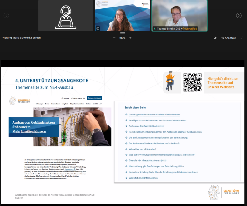 Webcast des Gigabitbüros des Bundes zusammen mit dem VDE „Anerkannte Regeln der Technik im Ausbau von Glasfaser-Gebäudenetzen (NE4) – VDE-Leitlinie 0800-730“