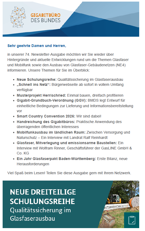 Screenshot des Newsletters „Gigabitbüro des Bundes“ mit Themenübersicht und Ankündigung einer neuen Schulungsreihe zur Qualitätssicherung im Glasfaserausbau.